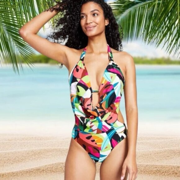 Bar III One Piece Swimsuit Green/Pink Printed Plunge Neck Halter Draped | NEW!🩵 - Picture 3 of 11